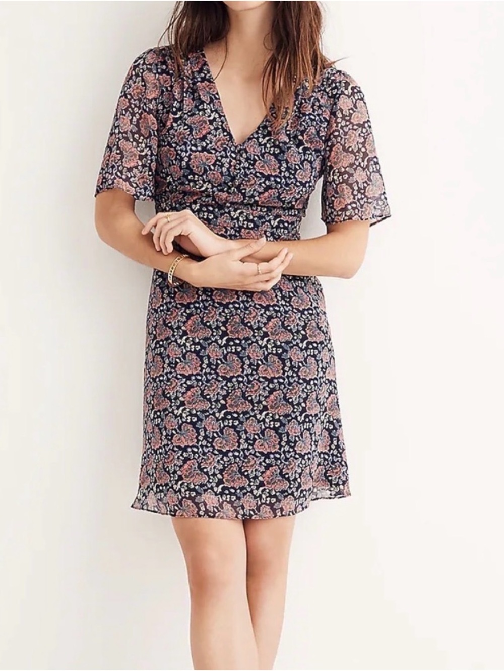 Madewell Orchard Navy Floral V-Neck Dress